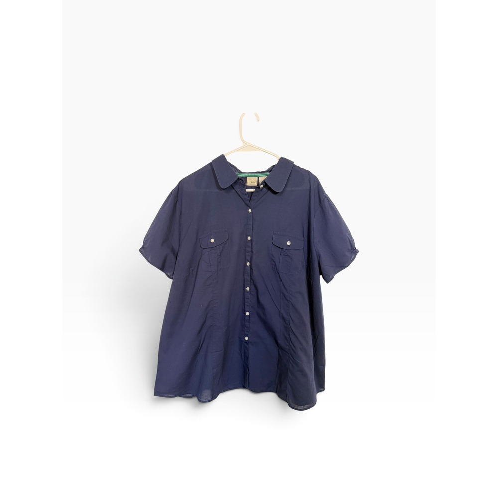 LL Bean Womens 2X Navy Blue Short Sleeve Cotton Button Down Shirt Pockets